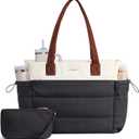 LOVEVOOK Tote Bag for Women with Giant Tumbler Holder Pocket, Puffer Work Travel Laptop Handbag with Zipper for Nurse Teacher (M-15.6 Inch, Beige-black-brown)