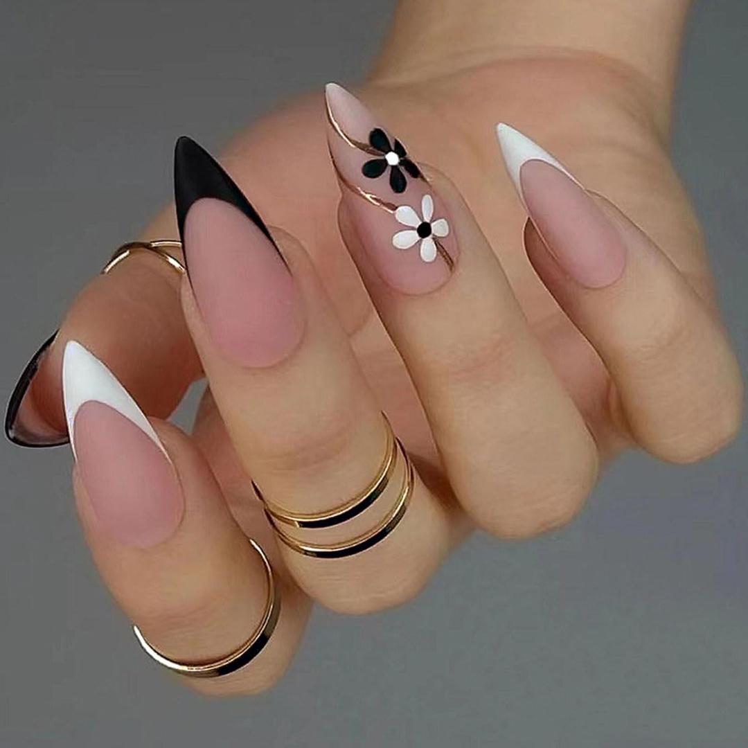 2 x 24 Pcs Press on Nails Short Almond - ZIFANHU Black White French Fake Nails Press ons Nail Art Tip Full Cover Acrylic Pink False Nails with Cute Flower Glod Lines Design Glue on Nails for Women