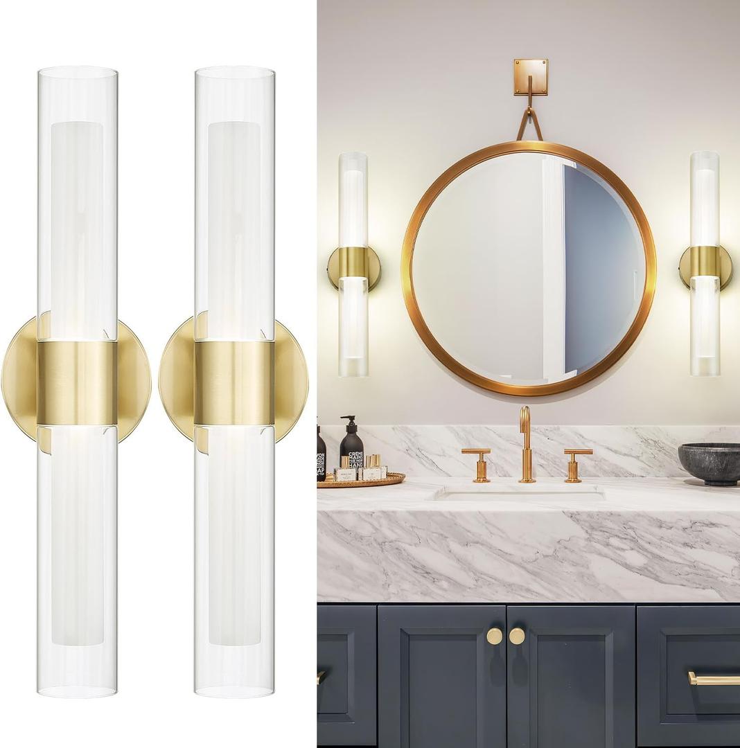 kudos Gold Modern Sconces Wall Lighting, 2Pc Wall Sconces with Clear Glass and Frosted Glass, Modern LED Vanity Light for Bathroom, 3000K/4500K/6000K Adjustable,KDVL06-GD-2-2PK