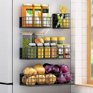 Ofiray-home Magnetic Fridge Shelf, 4-Pack Metal Strong Magnet Rack, Space Saving Spice Organizer, Utensil Holder, Fruit Potato Onion Storage Bins, Black Refrigerator Organizers and Storage