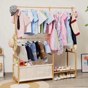 Kids Clothing Rack with Storage, Baby Clothes Rack Organizer Made of Natural Bamboo, Adjustable Hanging Rods for Dresses, Jackets, T-Shirts, Child Safe kids closet for Bedroom or Playroom