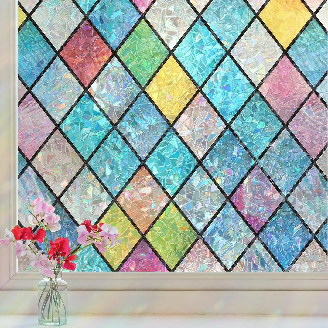 Haton Stained Glass Window Film, Rainbow Window Privacy Film, Decorative Sun Blocking Glass Clings Stickers, Static Cling Colorful Lattice Coverings Decals for Home Door 17.5" x 78.7" (17.5"x78.7")