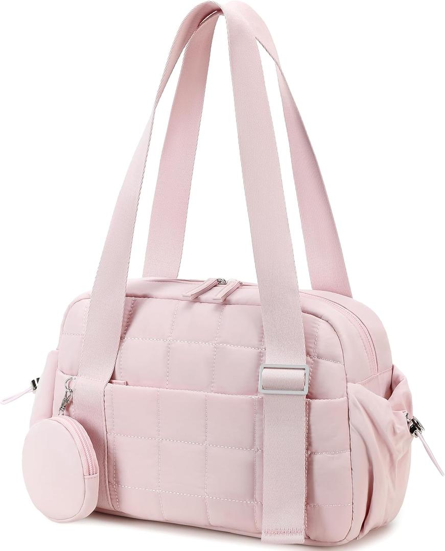CAMTOP Mini Gym Bag for Women, Small Gym Tote Bag Puffy Quilted Sports Duffel Bag with Wet Compartment and Coin Purse Duffel Bags Dance Yoga Workout Bag for Gifts (All Coral Pink, Mini-12.6")