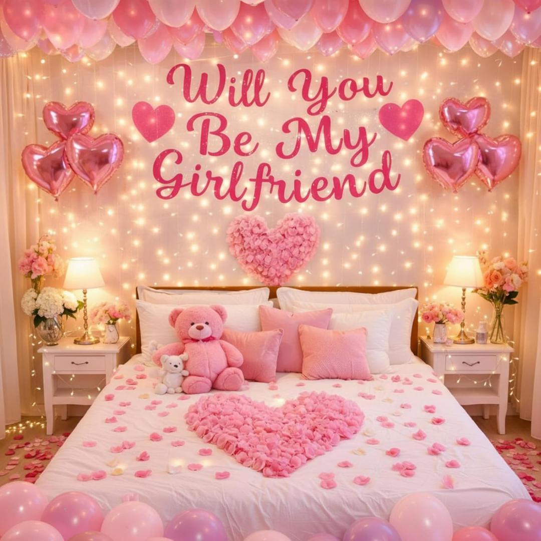 Valentines Day Proposals Decorations Set Include Will You Be My Girlfriend Banner 6 Pcs Heart Foil Balloons and 1000 Pcs Artificial Rose Petals 20 Love Balloon For Engagements(Pink)