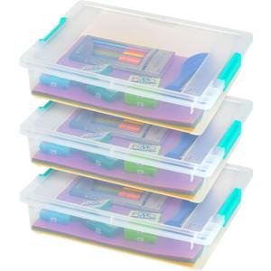 IRIS USA 6 Qt. Craft Storage Bins with Lids, 3-Pack, |Made in USA|, Clip Box, Small Plastic Sensory Bin Tote Organizer Containers for Art Supplies, Paper, & Office, Stackable - Clear/Seafoam Blue