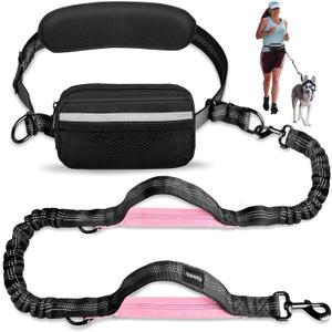 Hands Free Dog Running Leash with Waist Belt, Dual Handle Elastic Bungees Retractable Rope for Small and Medium Dogs, Reflective Stitches for Walking Hiking Biking (Medium Pink, 8-25lb)