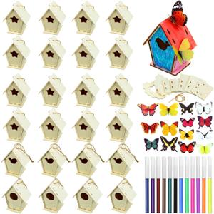 Outus 24 Pcs Wooden DIY Birdhouse Kits for Kids to Build, 4 Shapes Birdhouse Kit Wooden Unfinished with Watercolor Pen and Butterfly Sticker for Boy Girl Arts Crafts (Vintage)