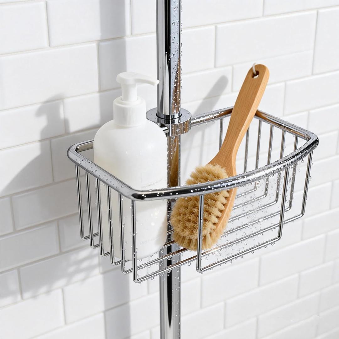 Shower Pole Caddy for Shower-6 Size Riser Ring NO Drilling Tension Shower Caddy Basket for Bathroom-SUS 304 Chrome Shower Caddy Pole with Luxury Standard