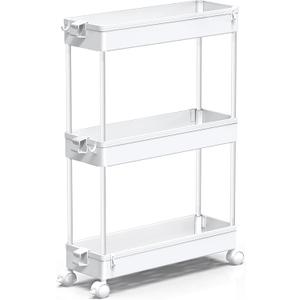 SPACEKEEPER Slim Rolling Storage Cart, 3 Tier Bathroom Storage Organizer Laundry Room Utility Cart Mobile Shelving Unit, Multi-Purpose for Kitchen Office Bathroom Laundry Narrow Places, White