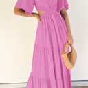LEANI Women's 2025 Summer Cutout Maxi Dress Square Neck Short Sleeve Crossover Waist Casual Party Dresses (Pink, M)