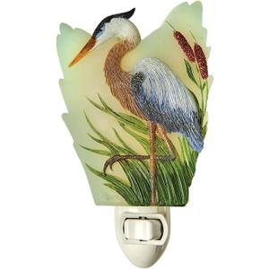 Bits and Pieces Blue Heron Night Light - Bathroom Night Lights Plug into Wall - Artistic Marsh Scene Bathroom Decor Home Decor, Soft Glow Bird Nightlight Bedroom - Rocker On/Off Switch