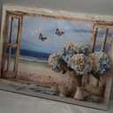 Vintage Ocean View Window Canvas Wall Art, High-Resolution Print with Fresh Blue and White Hydrangeas and Butterflies, Rustic Style Decor for Bathroom, Bedroom, Office Framed 24"x32"