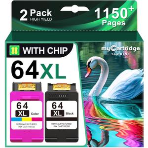 64XL Ink Cartridge Combo Pack Replacement for HP Ink 64 64XL Black and Color Ink Cartridge for HP Printers Works with Envy Photo 7855 7155 7858 7800 7120 6252 6255 Tango Printer Ink hp 64 XL