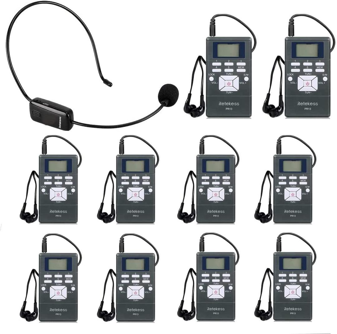 Retekess Church Translation System with 1 TR503 FM Transmitter Headset and 10 PR13 FM Radio Receivers, Listening System for Factory Museum School Church (1 Transmitter 10 Receivers)