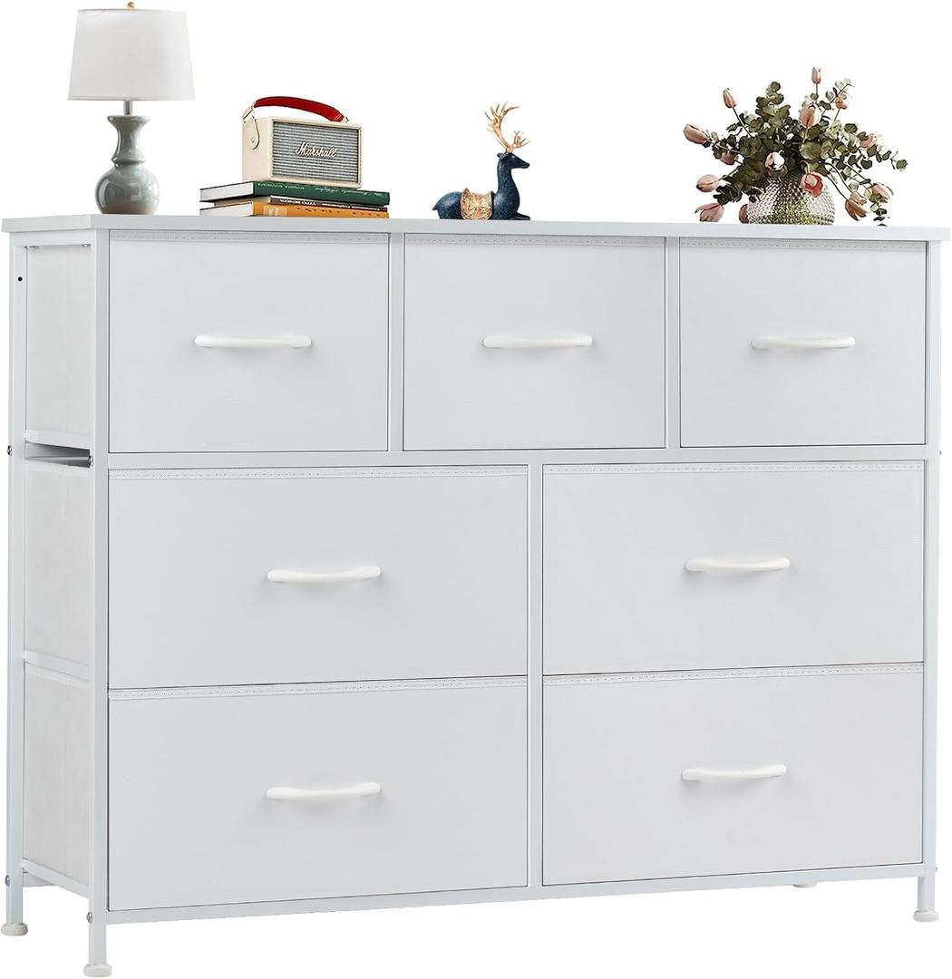 OLIXIS Dresser for Bedroom, 7 Storage Drawers, Wide Fabric Closet Chests Organizer Tower Furniture, TV Stand with Wooden Top Metal Frame for Clothes, Living Room, Hallway, Entryway, Classic White