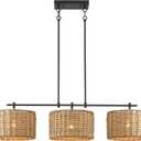 41" Chandelier Woven Rattan Light Fixture with 3 Wicker Lampshades, Large Linear Boho Chandeliers Drum Pendant Lights Kitchen Island