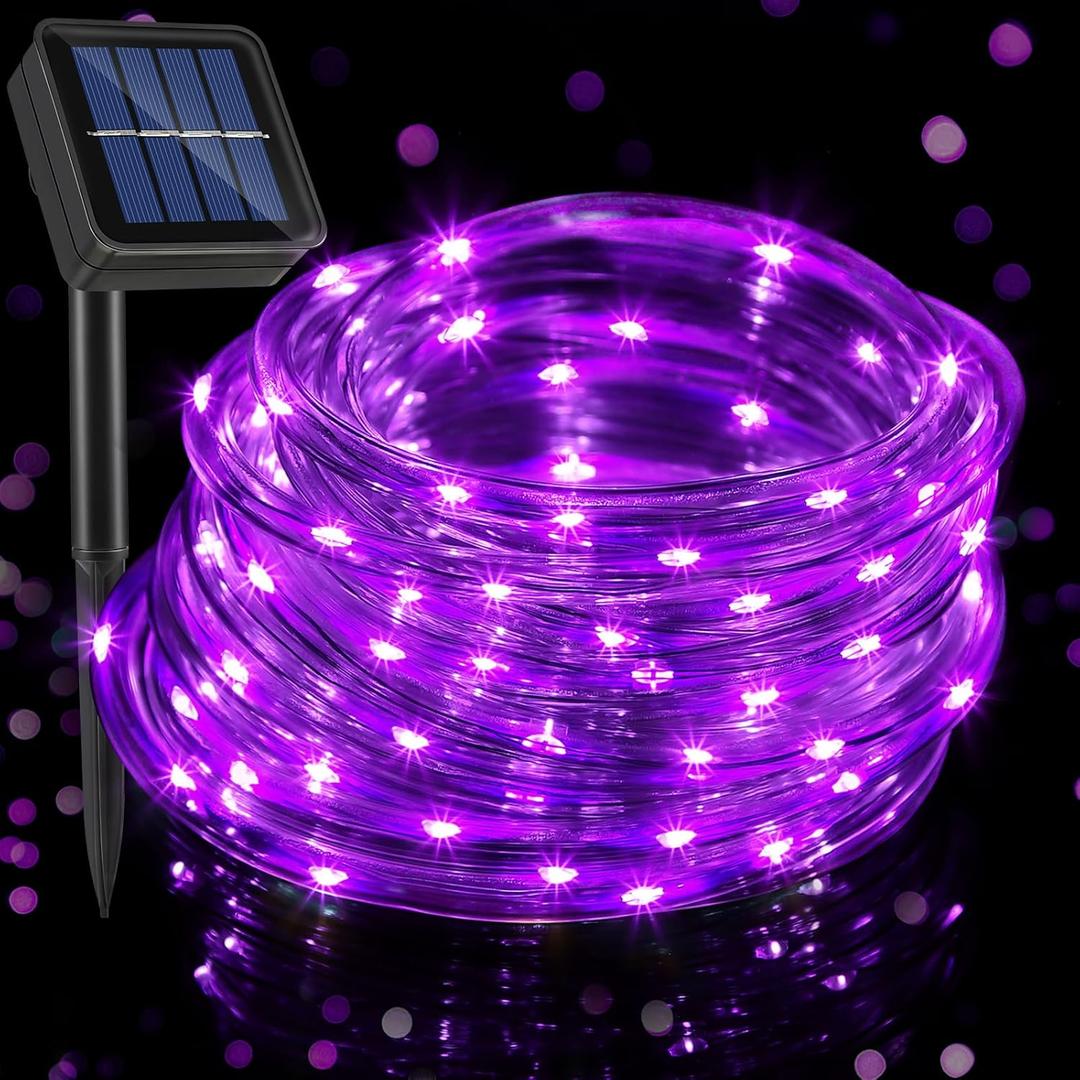 Weewooday Solar Christmas Rope Lights Outdoor Waterproof, 33 Feet 100 LED Beads Tube Solar Powered Light String, 8 Modes Christmas Rope Lights for Outside Tree Yard Garden Fence Party Decor (Purple)