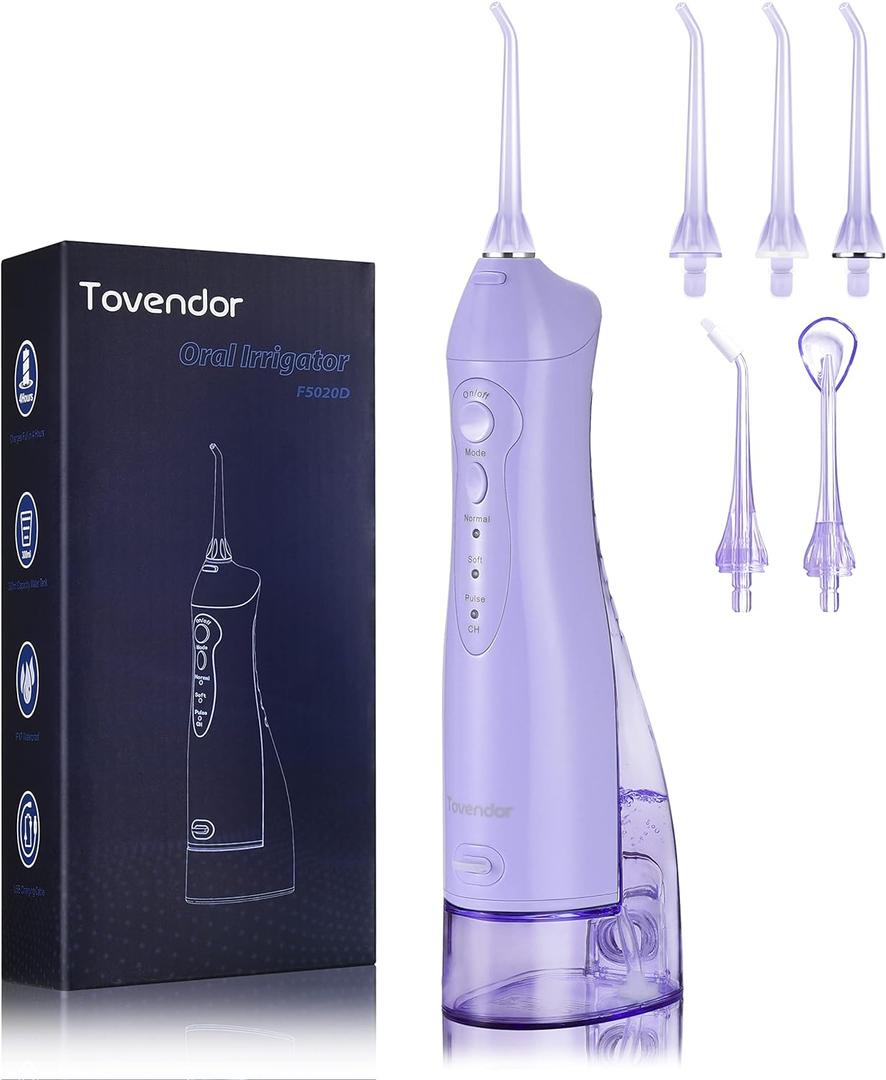 TOVENDOR Electric Water Flosser, Cordless Rechargeable Dental Oral Irrigator IPX7 Waterproof 300ML Travel Water Teeth Cleaner with 5 Tips for Braces Care Teeth Gums Cleaning, Home Office Daily Use (Lavender)