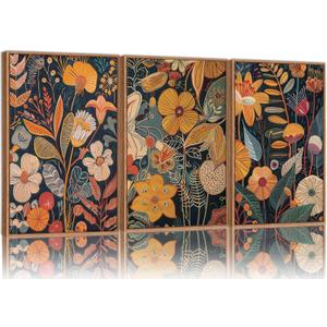 SIGNINART Orange Floral Framed Canvas Wall Art Set of 3, Mid Century Modern Flower Wall Decor, Neutral Plant Artwork, Boho Botanical Art Prints for Bedroom Living Room Office 24"x36"x3