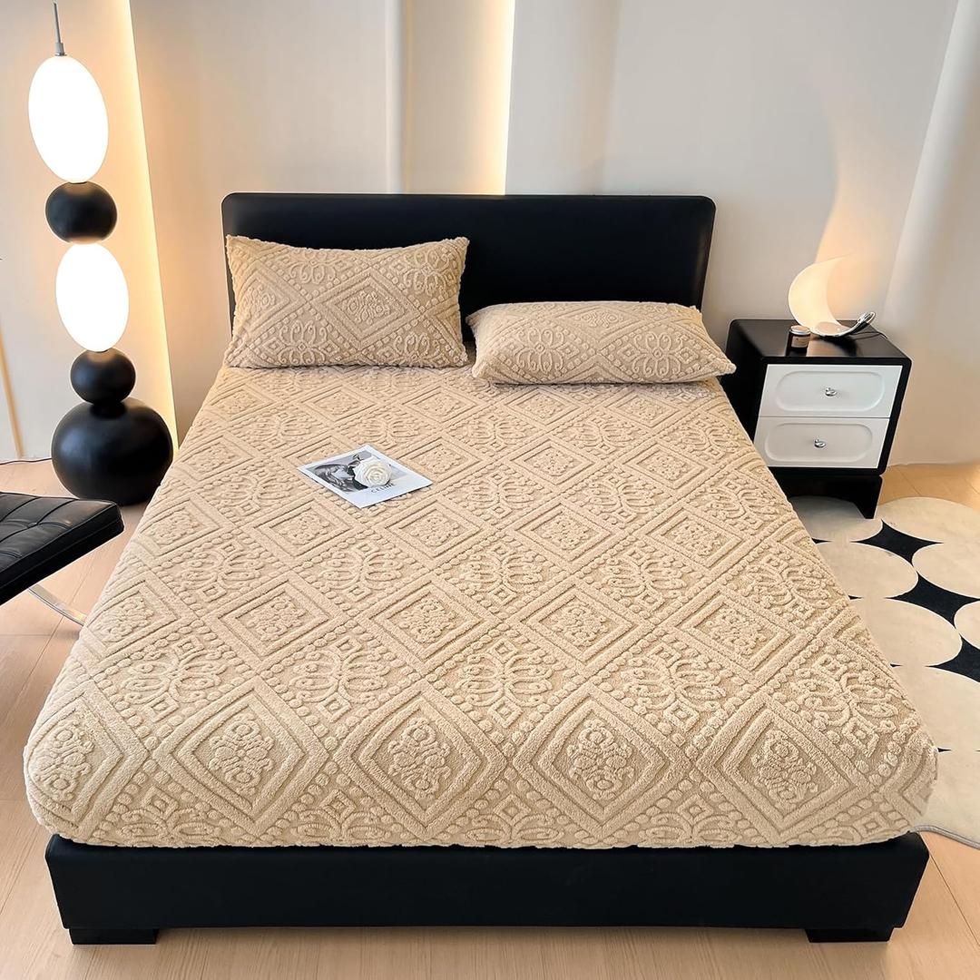 ZIQINPSQ Taffeta Velvet Jacquard Queen Fitted Sheet - Luxury Bedding - Ultra-Soft, Quick-Heat, Anti-Static, 360 Mattress Protector, Tan, No Pillowcases