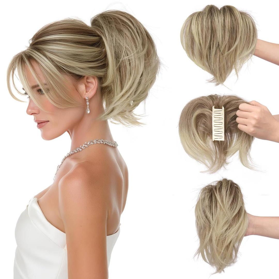 SOFEIYAN Claw Clip Short Ponytail Extension DIY Bendable Wires Hair Bun Fluffy Fake Hair Piece Straight Synthetic Hair Ponytail Extensions for Wonen - Light Blonde with Platinum Tips