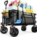 Collapsible Wagon Cart Heavy Duty Foldable, Folding Beach Wagon with Big Wheels for Sand, Utility Grocery Cart with Side Pocket and Brakes for Camping Sports Outdoor Activities, Grey (Gray)