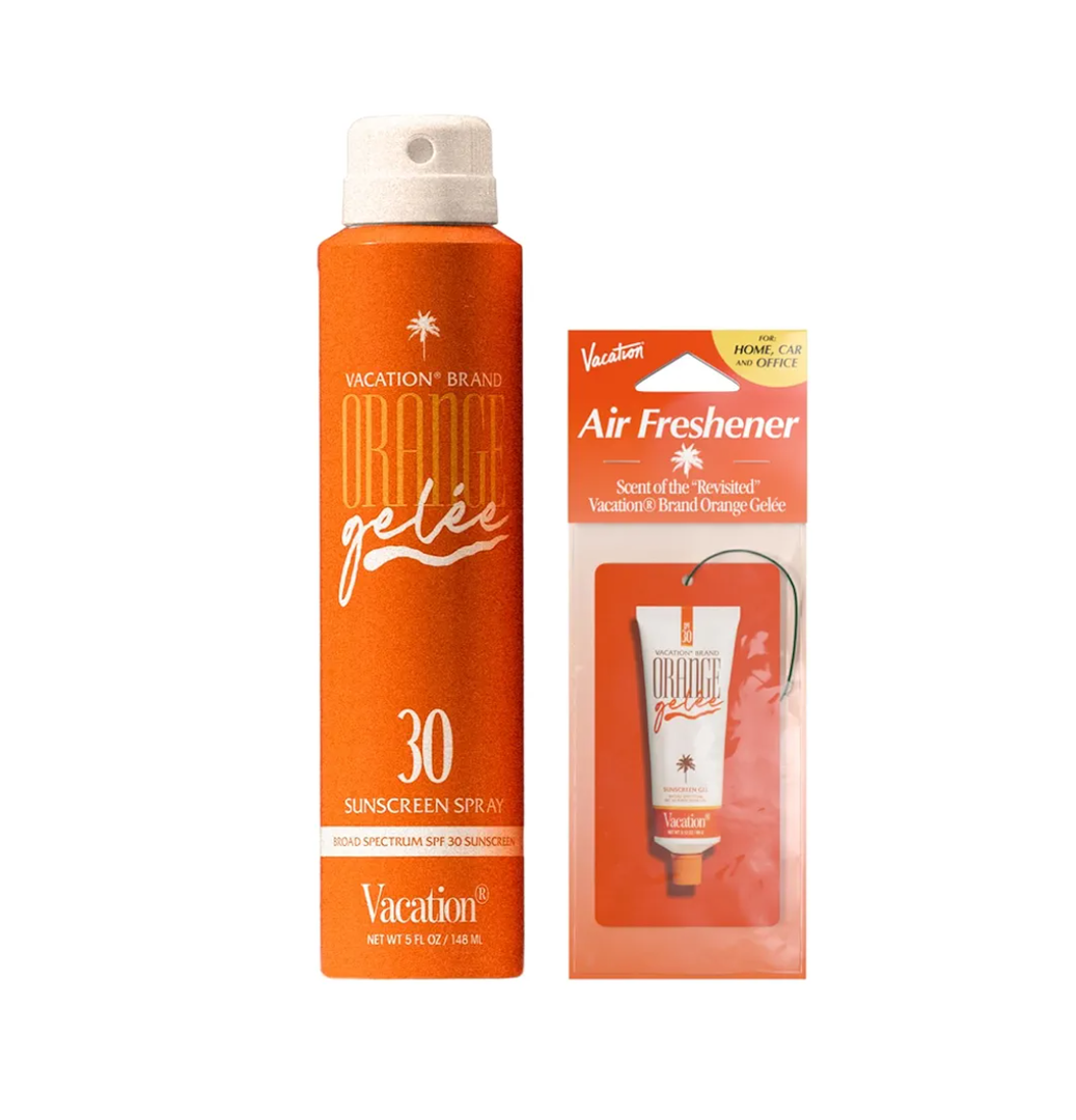 Vacation Orange Gelée SPF 30 Sunscreen Spray Oil & Air Freshener Bundle, Tanning Oil with SPF, Suntan Lotion Spray, Transparent on All Skin Tones, Dermatologist-Tested, Vegan, 5 Fl. Oz