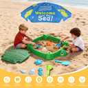 Turtle Sandbox with Lid and Adjustable Umbrella, Large Square Sand Box with 6 Molds & 4 Shovels, Outdoor Beach Toys for Toddlers Ages 3+
