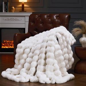 Faux Fur Throw Blanket for Couch, Fluffy Fuzzy Plush Bubble Blanket, Soft Warm Cozy Shaggy Rabbit Blanket, Luxury Decorative Gifts for Sofa Bedroom Living Room, 90x90inch (Beige)