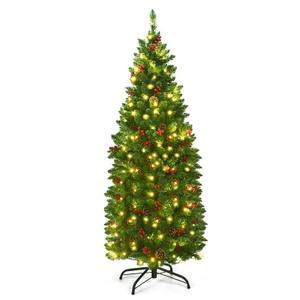 4.5Ft Pre-lit Hinged Pencil Christmas Tree w/Pine Cones Red Berries & 150 Lights