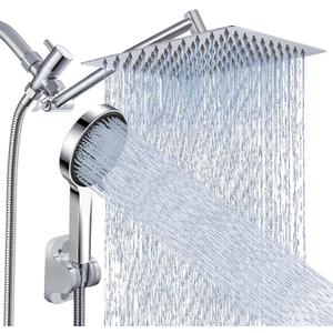 Shower Head, Rain Shower Head with Handheld Spray Combo, 10 Inch Adjustable High Pressure Rainfall Shower Head, Dual Showerhead Set with Extension Arm and 60 Inch Long Shower Hose (Silver)