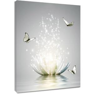 Modern Grey Wall Art for Bathroom Retro Butterfly and White Floral Bloom in Water Abstract Canvas Wall Art Wall Paintings Spa Zen Wall Pictures for Living Room Bedroom Office Ready To Hang,16x24 Inch (24L" x 16W")