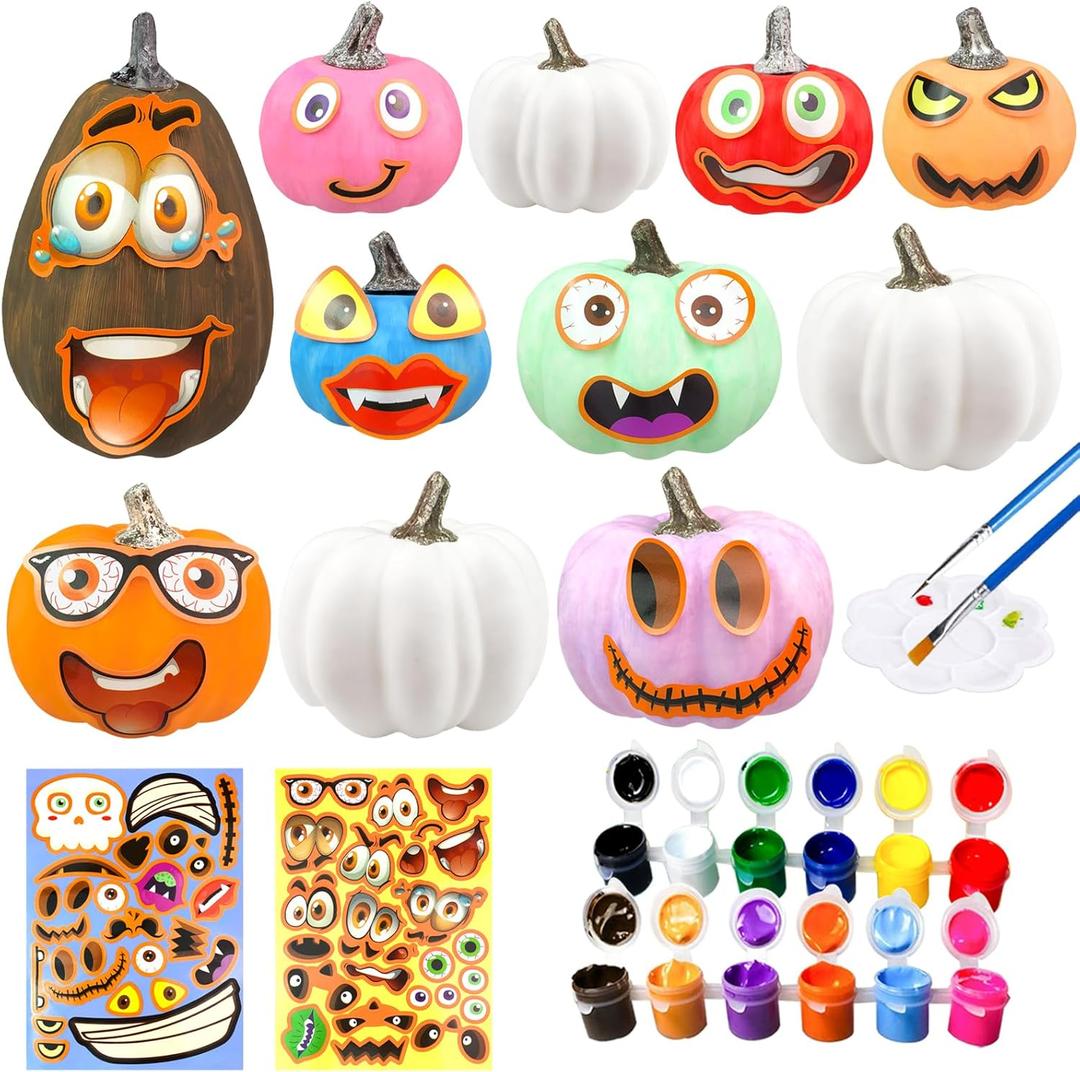 JIABNUKKN Pumpkin Decorations Halloween Crafts for Kids 11Pcs Paint Your Own White Plastic Artificial Pumpkin Decorating Kit with Stickers Gift Toys for Kids DIY Halloween Thanksgiving Fall Decor