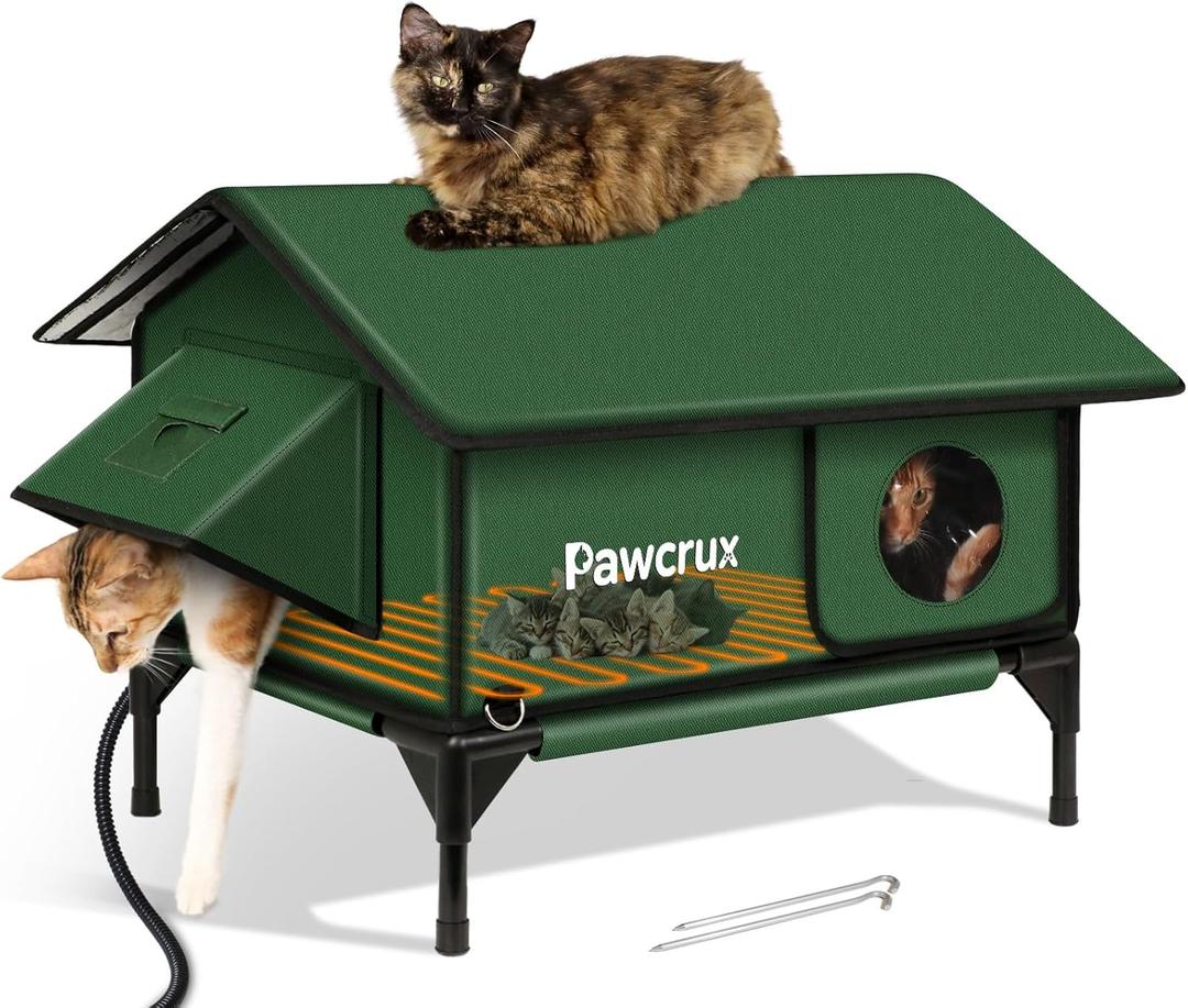 100% Waterproof Heated Cat House for Outdoor Cat with Safe Escape Door, Cat Bed Weatherproof Cat Shelter Kitty with Cat Heating Pad, Insulated Warm House for Feral Cat(Green, 24"x16"x20.2")