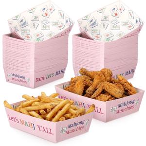 50 Pcs Mahjong Party Supplies Disposable Paper Food Serving Trays Pink Paper Food Trays Bulk for Mahjong-loving Gals Family Play Day Birthday Celebration Game Party Decorations