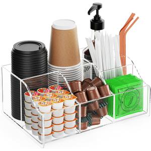 Upitry Acrylic Coffee Bar Organizer Station - Multiple Compartments - Kitchen Bar Tools Storage Rack - Beverage Station Organizer for Coffee Creamer Syrup