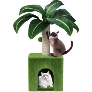 Cat Scratching Post with Condo, Palm Cat Tree Tower Natural Sisal Cat Scratcher Cat Bed Cat Furniture for Kittens and Cats