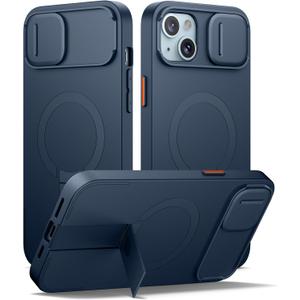 SURITCH for iPhone 14 Plus/15 Plus Case with Magnetic Camera Slide Cover and Adjustable Kickstand, Compatible with MagSafe, Shockproof Bumper Case Slim Protective Cover 6.7 Inch, Blue