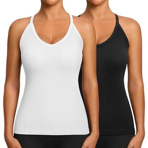 Missclub Crop Tank Tops for Women with Built in Bra 2 Pack Seamless Work Out Cropped Tanks Slim Fitted, XS