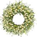 LSKYTOP 24 Inches Artificial Daisy Flower Wreath with Eucalyptus Leave Silk Flower White Berries Spring Summer Wreath for Front Door Wall Decor