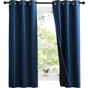 NICETOWN 100% Blackout Short Curtains with Black Liners, 2 Panels, 37"W by 63"L, Moroccan Blue, Solid Thermal Insulated Full Blackout 2-Layer Lined Drapes, Energy Efficiency Window Drapes for Bedroom
