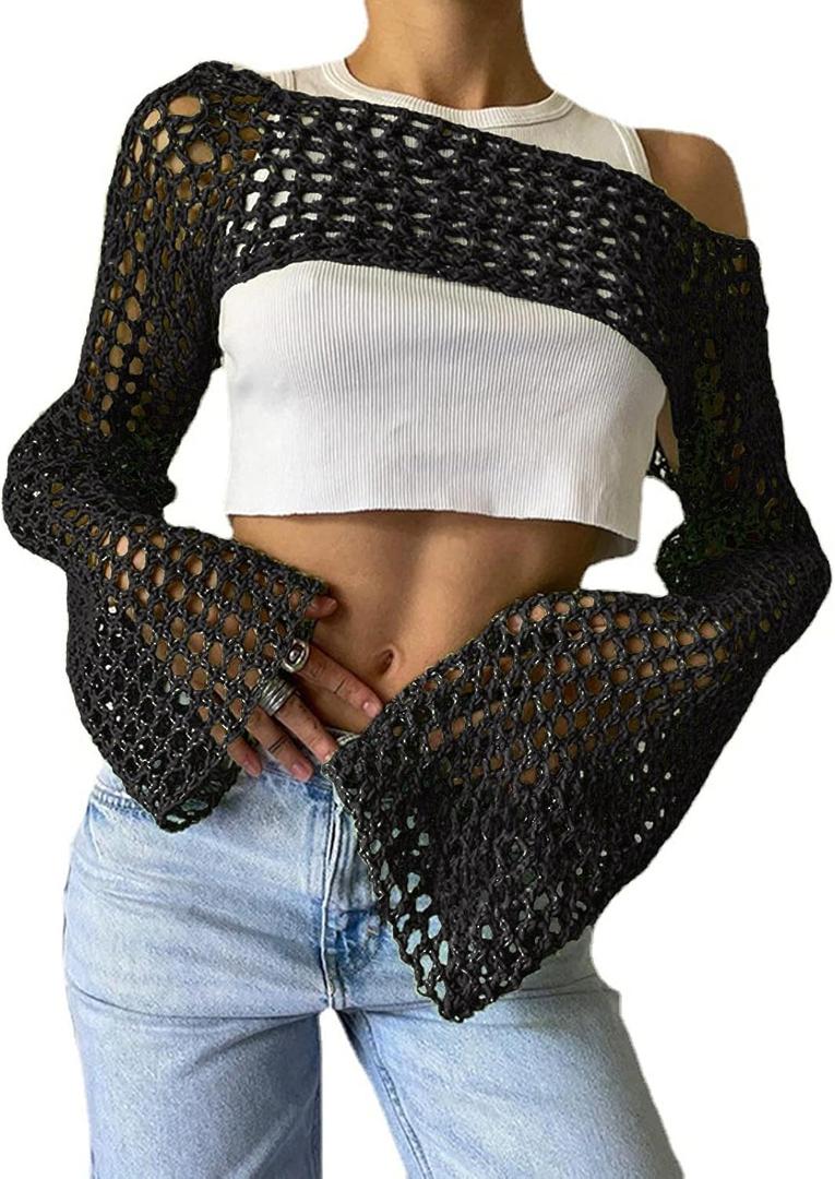 Women's Mesh Crochet Crop Tops Shrugs Sexy Y2k Hollow Out Cropped Knit Sweater See Through Bikini Cover Ups (Black)