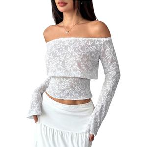 SOLY HUX Women's Lace Off The Shoulder T Shirt Long Sleeve Sheer Going Out Tops, Small