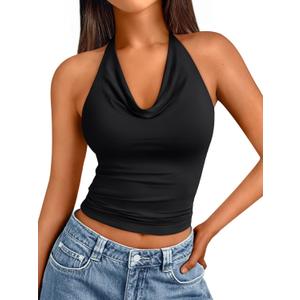 Trendy Queen Summer Tops for Women 2025 Going Out Cute y2k Shirts Halter Cowl Neck Backless Basic Vacation Outfits Clothes (X-Large, Black)