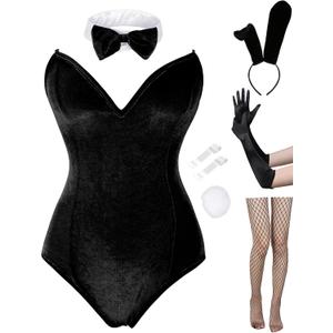 Angelaicos Womens Bunny Costume Set Senpai Cosplay Halloween Roleplay Bodysuit Stockings (Medium, Velvet-Black)