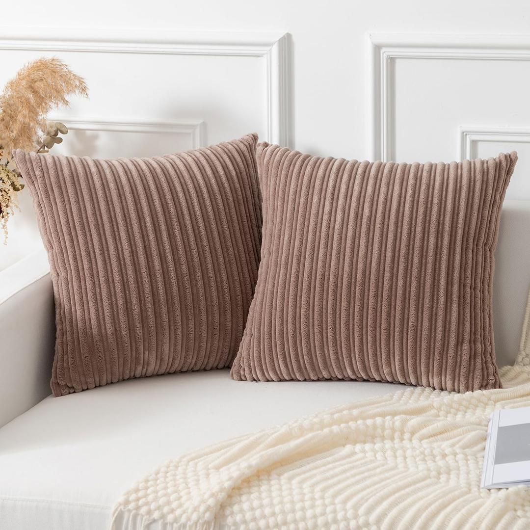 Kevin Textile Throw Pillow Covers Soft Corduroy Decorative Set of 2 Boho Striped Pillow Covers Pillowcases Farmhouse Home Decor for Couch Bed Sofa Living Room 22x22 Inch Light Brown