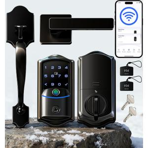 Veise VE027-H Built-in Wi-Fi Fingerprint Smart Deadbolt Lock with Handleset, App Remote & Voice Control, Keyless Entry Front Door Lock Set, Touchscreen Keypad, Auto-Lock, Easy Setup, Matte Black
