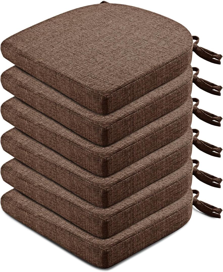 Wellsin Chair Cushions for Dining Chairs 6 Pack - Kitchen Chair Cushions with Ties and Non-Slip Backing - Dining Chair Pads 16"X16"X2", Brown
