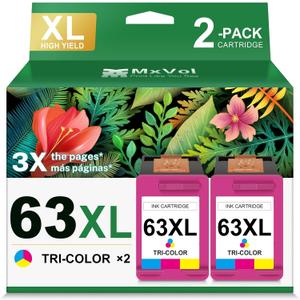 63XL Ink Cartridge Replacement for HP Ink 63 XL HP63 High Yield Ink Compatible for HP Deskjet 1112 3637 3630 2130 Officejet 4650 3830 5200 5255 5258 Envy 4520 4510 2-Pack Color