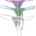 SOLY HUX Women's 3 Piece Lace Thongs Panties Underwear Low Rise Panty Set (Medium, Purple, Green and White)